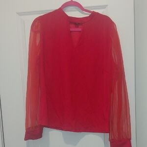 Elegant Red Blouse with Sheer Sleeves